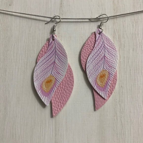 Light Pink PU Leather Feather Leaf Dangle Earrings - Picture 1 of 5